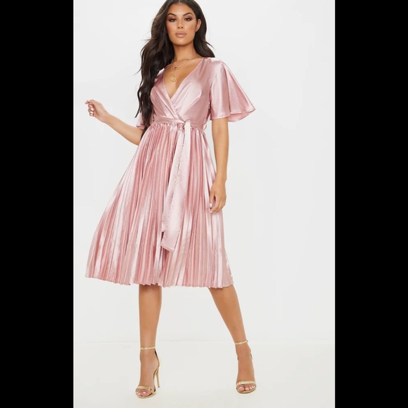 PrettyLittleThing Dresses & Skirts - Dusty Pink Satin Pleated Midi Dress